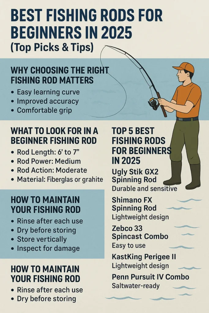 A selection of the best fishing rods for beginners in 2025, showcasing affordable and user-friendly options perfect for learning how to fish. Ideal for freshwater and saltwater use.