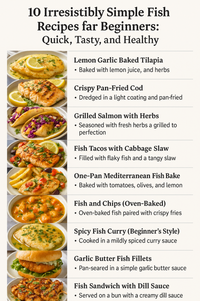Infographic showing 10 simple and healthy fish recipes for beginners, including baked tilapia, grilled salmon, fish tacos, and Mediterranean fish bake with quick preparation tips.