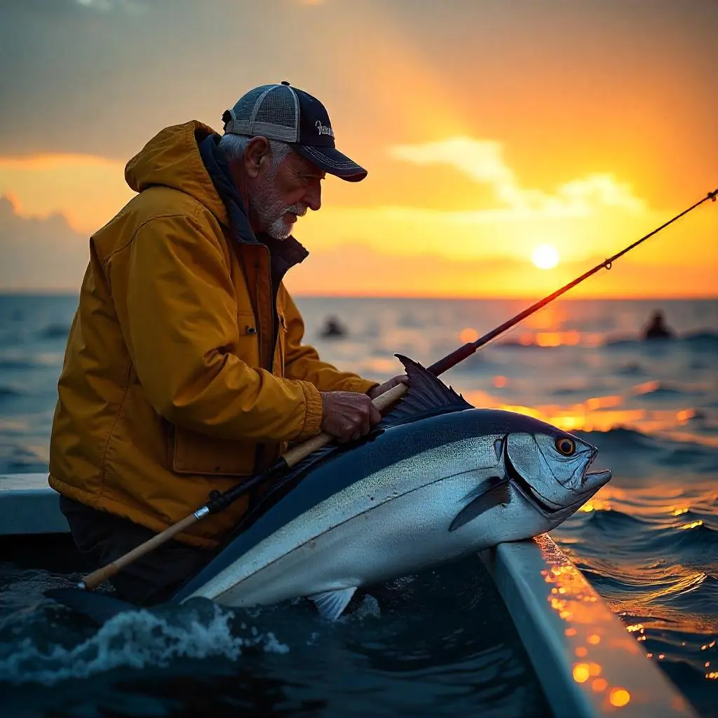 Angler fighting marlin during big game fishing trip offshore