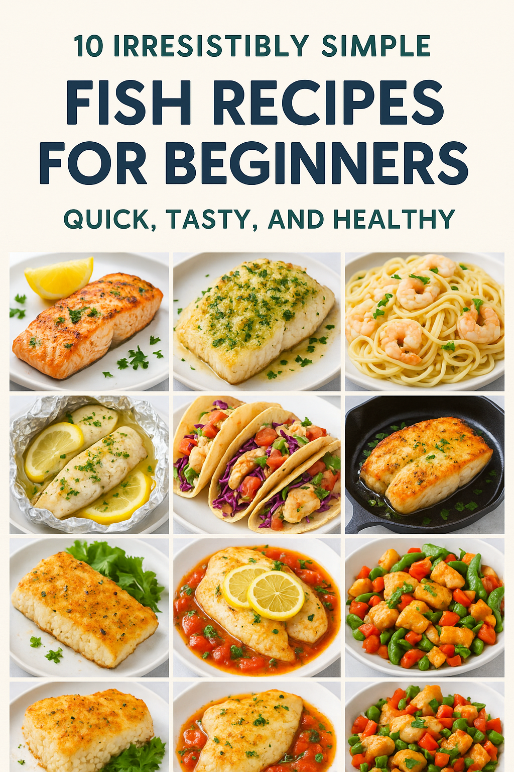 Infographic showing 10 simple and healthy fish recipes for beginners, including baked tilapia, grilled salmon, fish tacos, and Mediterranean fish bake with quick preparation tips.