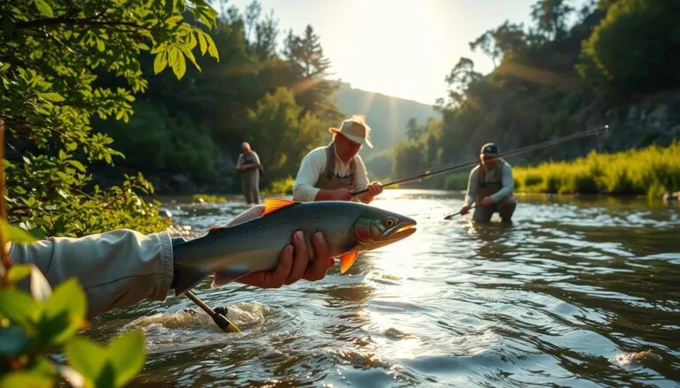 A lush riverbank scene, the sun's golden rays filtering through the verdant foliage. In the foreground, a skilled angler carefully releases a prized catch, handling the fish with utmost care and reverence. The middle ground reveals anglers practicing responsible fishing techniques - using barbless hooks, using nets to avoid damage, and employing ethical catch-and-release methods. In the background, the serene river winds its way through a picturesque landscape, its banks dotted with indigenous flora. The atmosphere exudes a sense of harmony and respect for the natural environment, reflecting the principles of conservation and ethical angling.
