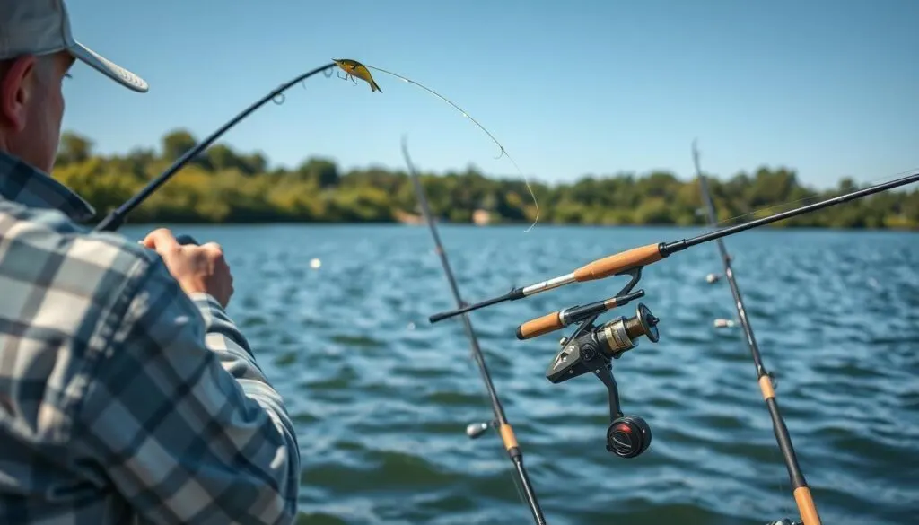 A meticulously captured scene of an expert angler skillfully handling a variety of advanced fishing techniques. In the foreground, the fisherman deftly casts a specialized lure, its trajectory captured in intricate detail by a high-speed camera. The middle ground showcases an array of specialized rods, reels, and baits, each tailored to a specific fish species. In the background, a picturesque lakeside setting with gently rippling waters and lush, verdant foliage provides a serene backdrop. Crisp, natural lighting accentuates the scene, highlighting the nuanced movements and the fisherman's precise, confident handling of the equipment. An atmosphere of technical mastery and profound connection with the natural world permeates the frame.