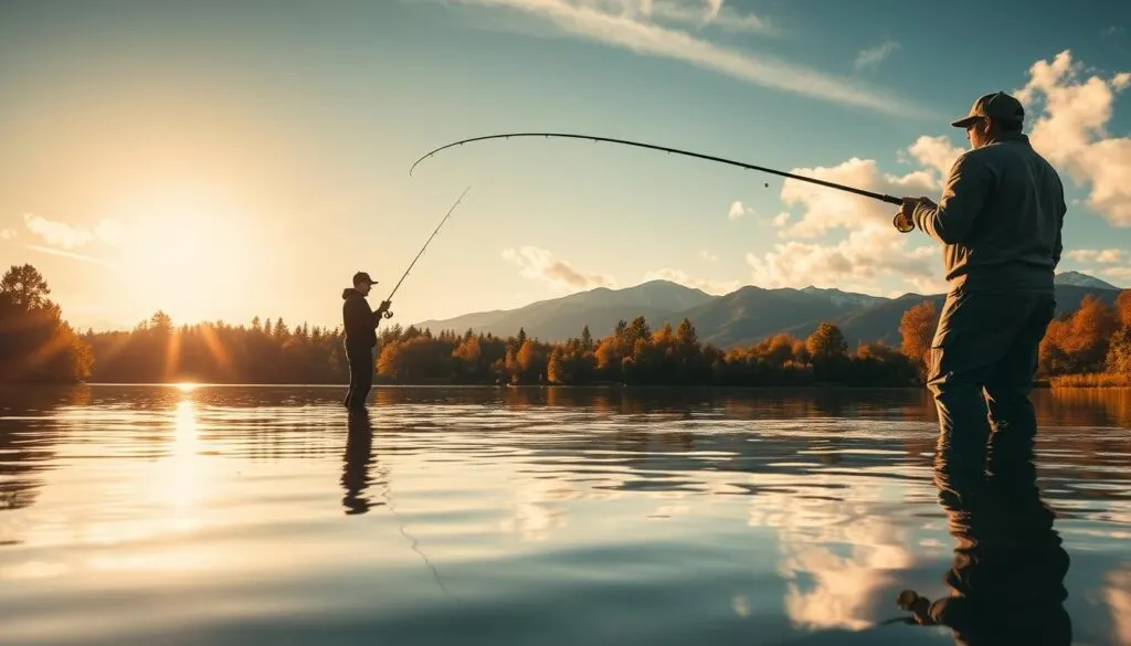 A picturesque scene of a seasoned angler casting their line into a tranquil, sun-dappled lake. In the foreground, the fisherman stands waist-deep in the shimmering water, their eyes intently focused on the bobbing lure. Mirrored in the calm surface, the angler's silhouette is reflected, creating a sense of symmetry and balance. In the middle ground, the surrounding landscape unfolds, with lush, verdant trees lining the shore and wispy clouds drifting overhead. The lighting is warm and golden, casting a soft, ethereal glow over the entire scene. In the background, the distant mountains rise up, their peaks capped with snow, creating a stunning natural backdrop. The mood is one of serene tranquility, with the angler's patience and skill highlighting the timeless art of seasonal fishing strategies. A picturesque scene of a seasoned angler casting their line into a tranquil, sun-dappled lake. In the foreground, the fisherman stands waist-deep in the shimmering water, their eyes intently focused on the bobbing lure. Mirrored in the calm surface, the angler's silhouette is reflected, creating a sense of symmetry and balance. In the middle ground, the surrounding landscape unfolds, with lush, verdant trees lining the shore and wispy clouds drifting overhead. The lighting is warm and golden, casting a soft, ethereal glow over the entire scene. In the background, the distant mountains rise up, their peaks capped with snow, creating a stunning natural backdrop. The mood is one of serene tranquility, with the angler's patience and skill highlighting the timeless art of seasonal fishing strategies.