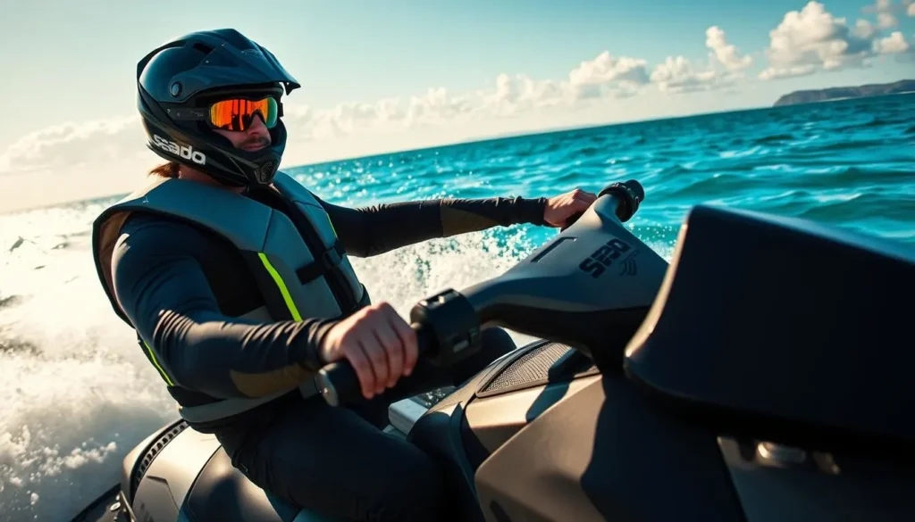A seadoo fish pro riding a high-speed personal watercraft on a choppy, sun-dappled ocean, wearing a sleek, neon-accented safety vest and helmet. In the foreground, their hands gripping the handlebars tightly, eyes focused ahead. The mid-ground features the seadoo's powerful engine and wake, while the background depicts a horizon line of distant islands and a vibrant, azure sky. Dramatic, dynamic lighting casts bold shadows and highlights the pro's determined expression, conveying a sense of focus, speed, and the importance of safety protocols. A seadoo fish pro riding a high-speed personal watercraft on a choppy, sun-dappled ocean, wearing a sleek, neon-accented safety vest and helmet. In the foreground, their hands gripping the handlebars tightly, eyes focused ahead. The mid-ground features the seadoo's powerful engine and wake, while the background depicts a horizon line of distant islands and a vibrant, azure sky. Dramatic, dynamic lighting casts bold shadows and highlights the pro's determined expression, conveying a sense of focus, speed, and the importance of safety protocols.