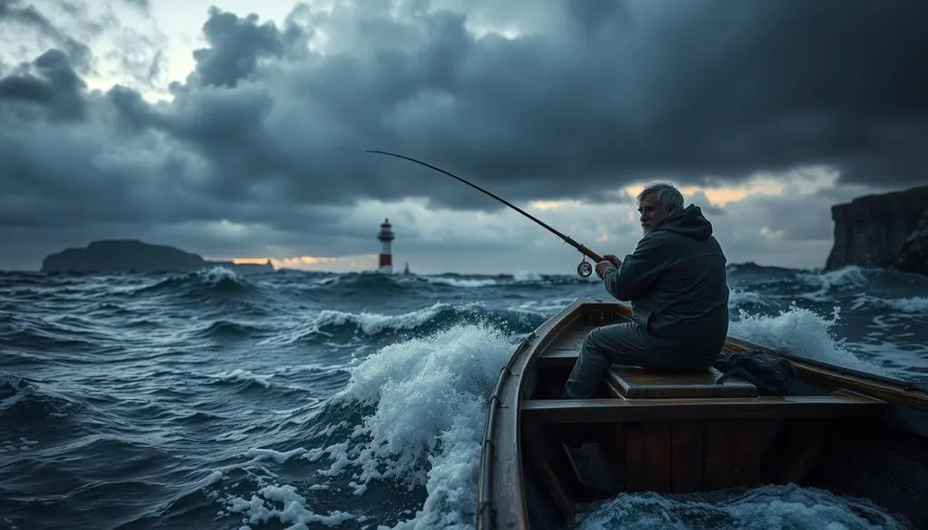 A stormy seascape at dusk, with crashing waves and dark, roiling clouds overhead. In the foreground, a lone angler casts their line into the churning waters, their weathered face set with determination. The boat rocks gently on the swells, its wooden hull weathered by the elements. In the middle ground, a distant lighthouse stands tall, its beacon cutting through the gloom, guiding the way for the intrepid fisherman. The background is filled with the dramatic silhouettes of surrounding cliffs and promontories, adding to the sense of rugged isolation. The lighting is moody and atmospheric, with soft highlights on the spray and the angler's rain-soaked gear. The overall mood is one of adventure, resilience, and the human connection to the power of nature.