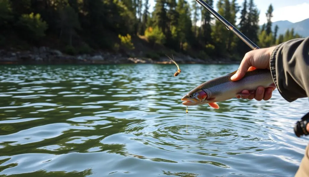 A tranquil lakeside scene with an experienced angler carefully presenting a delicate fly lure to a rising trout. The foreground shows the angler's hands and fishing rod in sharp focus, the line trailing out into the gently rippling water. The middle ground features the serene lake surrounded by verdant trees and rocky shoreline, with soft afternoon sunlight filtering through the leaves. The background opens up to distant, misty mountain peaks. The overall mood is one of contemplative skill and reverence for the natural world.