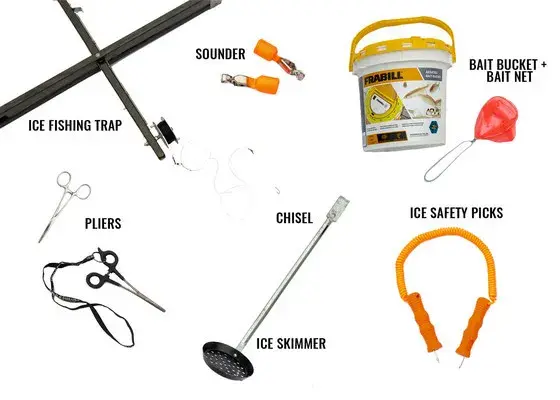 Essential ice fishing safety gear including ice picks, spud bar, and throw rope