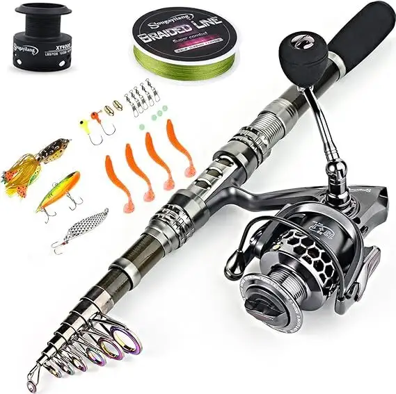 Why Fishermen Choose These 4 Amazon Best-Selling Fishing Rod Combos 5 Sougayilang telescopic fishing rod collapsed to 15 inches next to extended 6-foot configuration