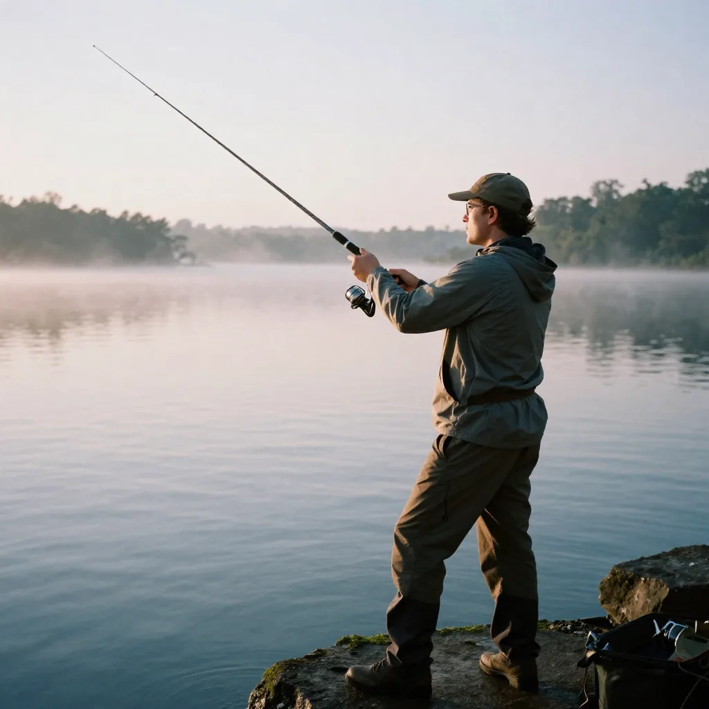 Angler learning fishing techniques casting and practice