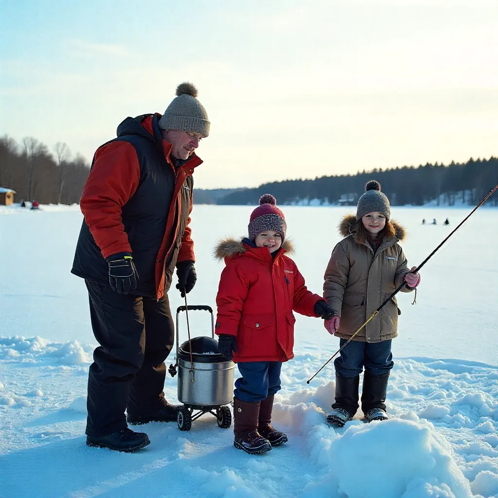 Family ice fishing on Lake of the Woods with heated fish house