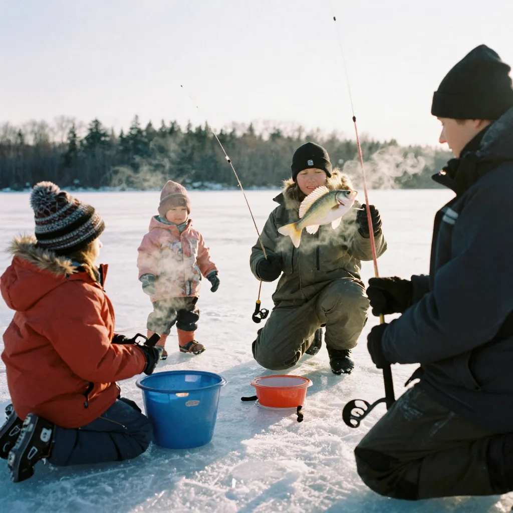 Ice fishing panfish bluegill crappie and yellow perch catch on ice