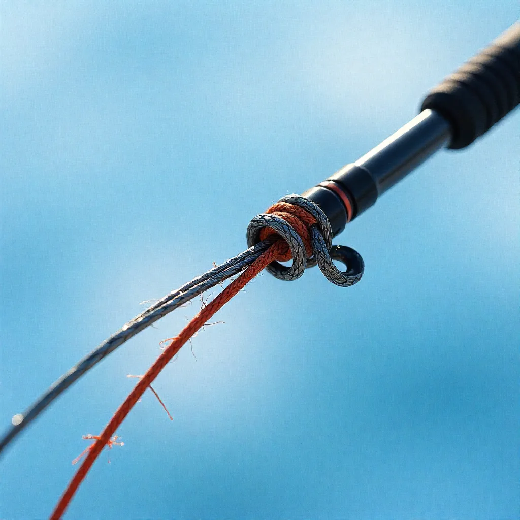 Fluorocarbon leader attached to braided mainline for ice fishing setup
