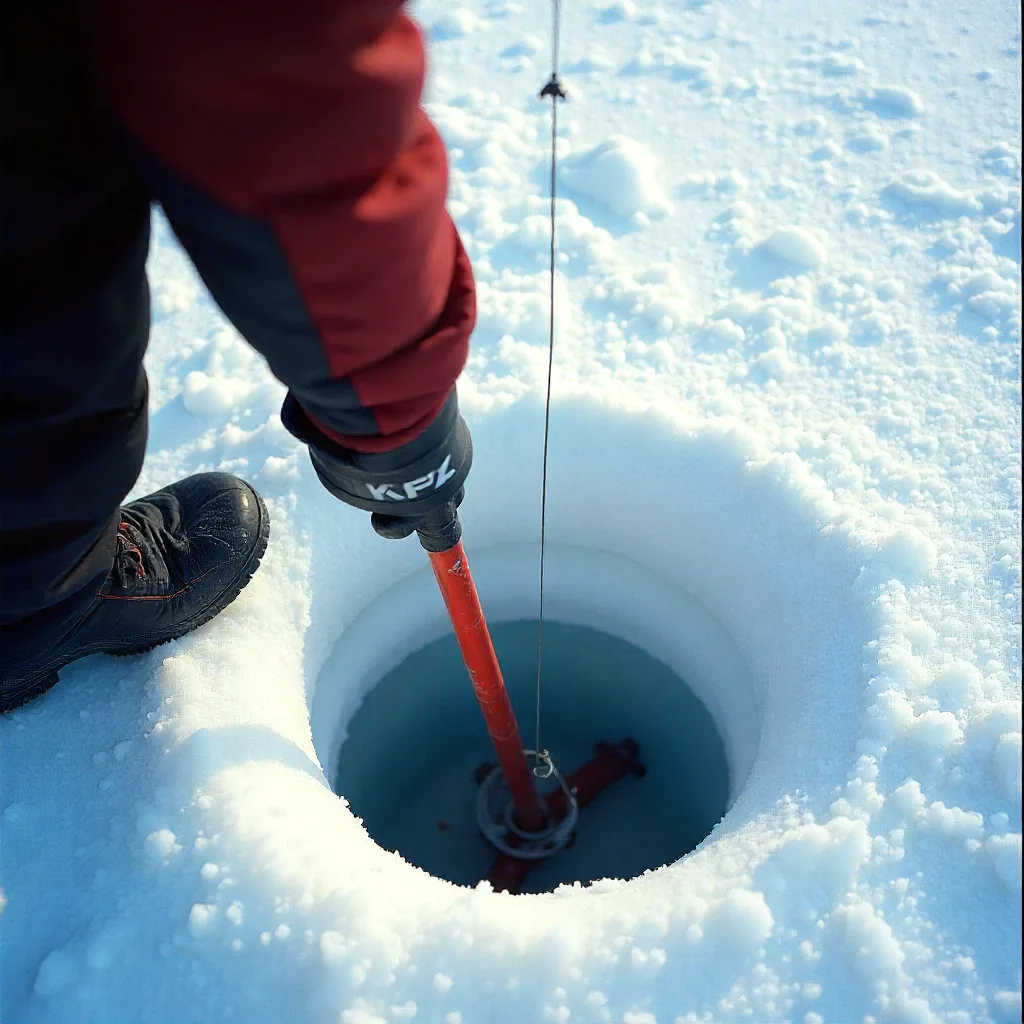 Ice fishing hole being drilled with manual auger for beginners