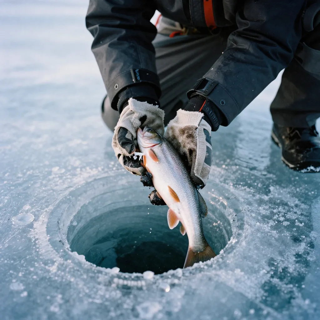 Sustainable ice fishing catch and release practices on frozen lake