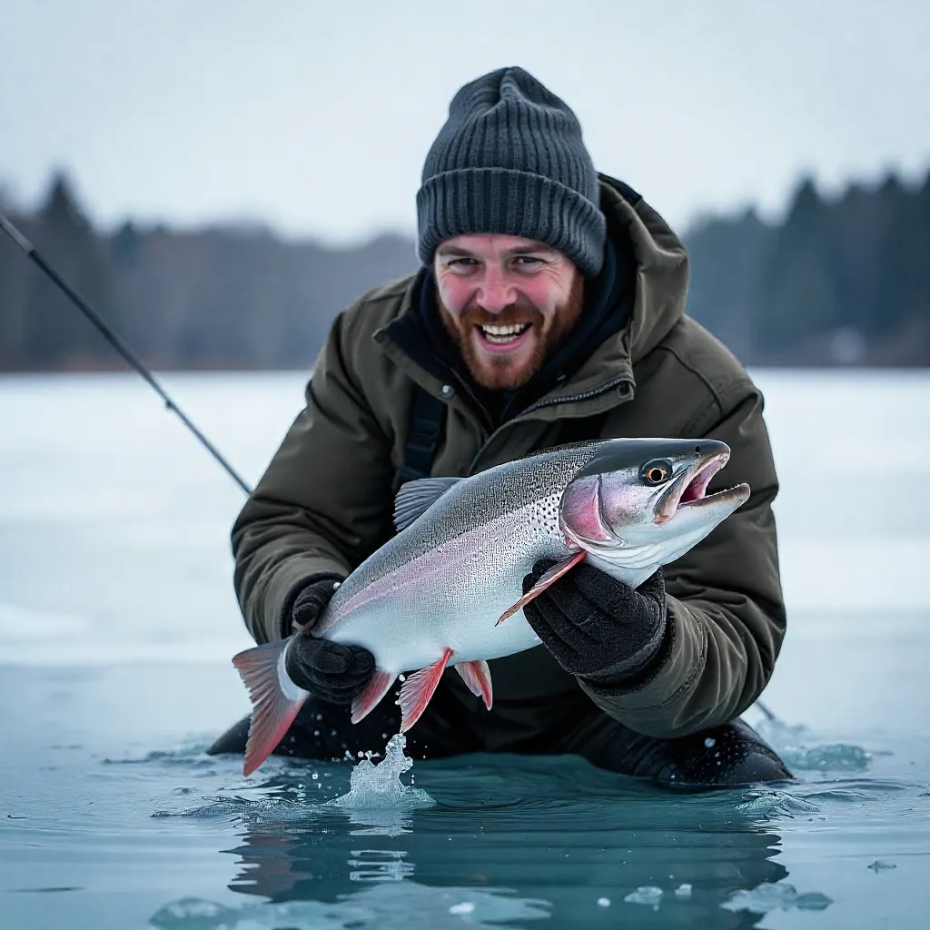 Trophy Ice Fishing: Expert Tips for Big Fish 2026 3 Angler fighting trophy lake trout through ice hole winter fishing