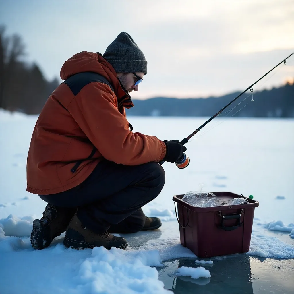 Beginner ice angler catching fish through ice hole winter fishing