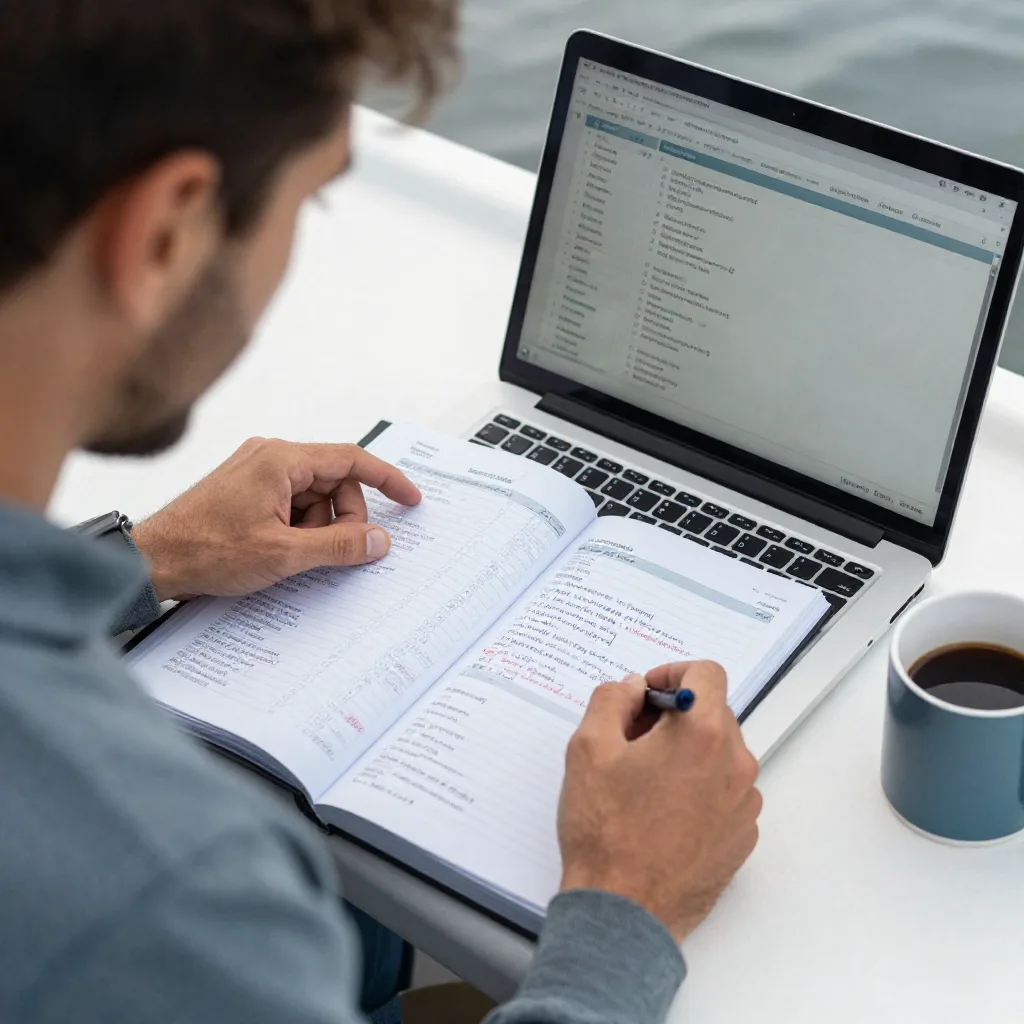 Angler reviewing fishing journal spreadsheet analyzing patterns