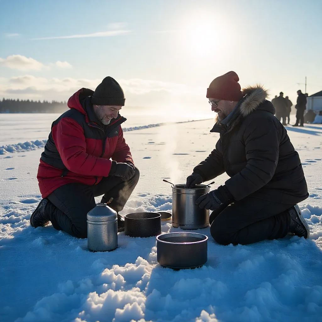 Social ice fishing community gathering at ice shanty town