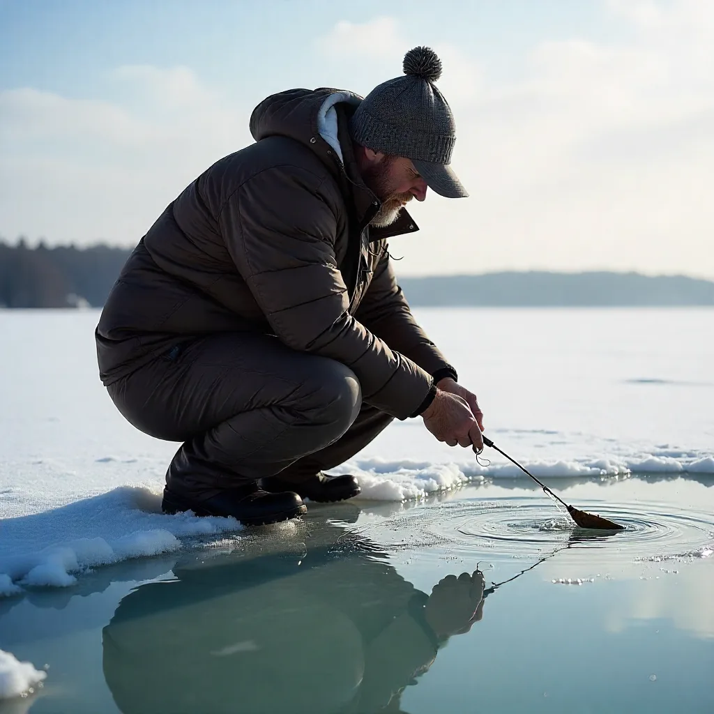 Angler practicing leave no trace ice fishing removing all waste