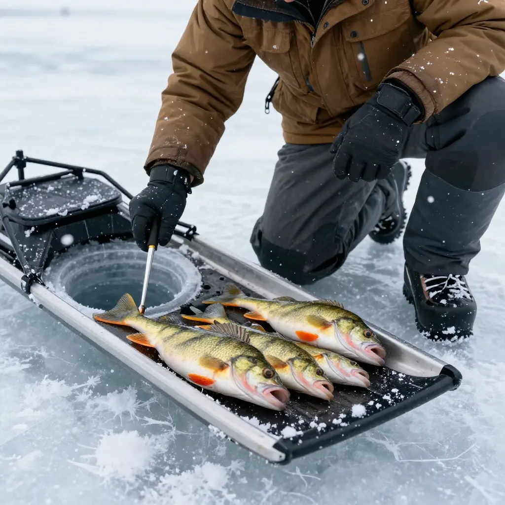 Angler catching multiple yellow perch through ice hole

