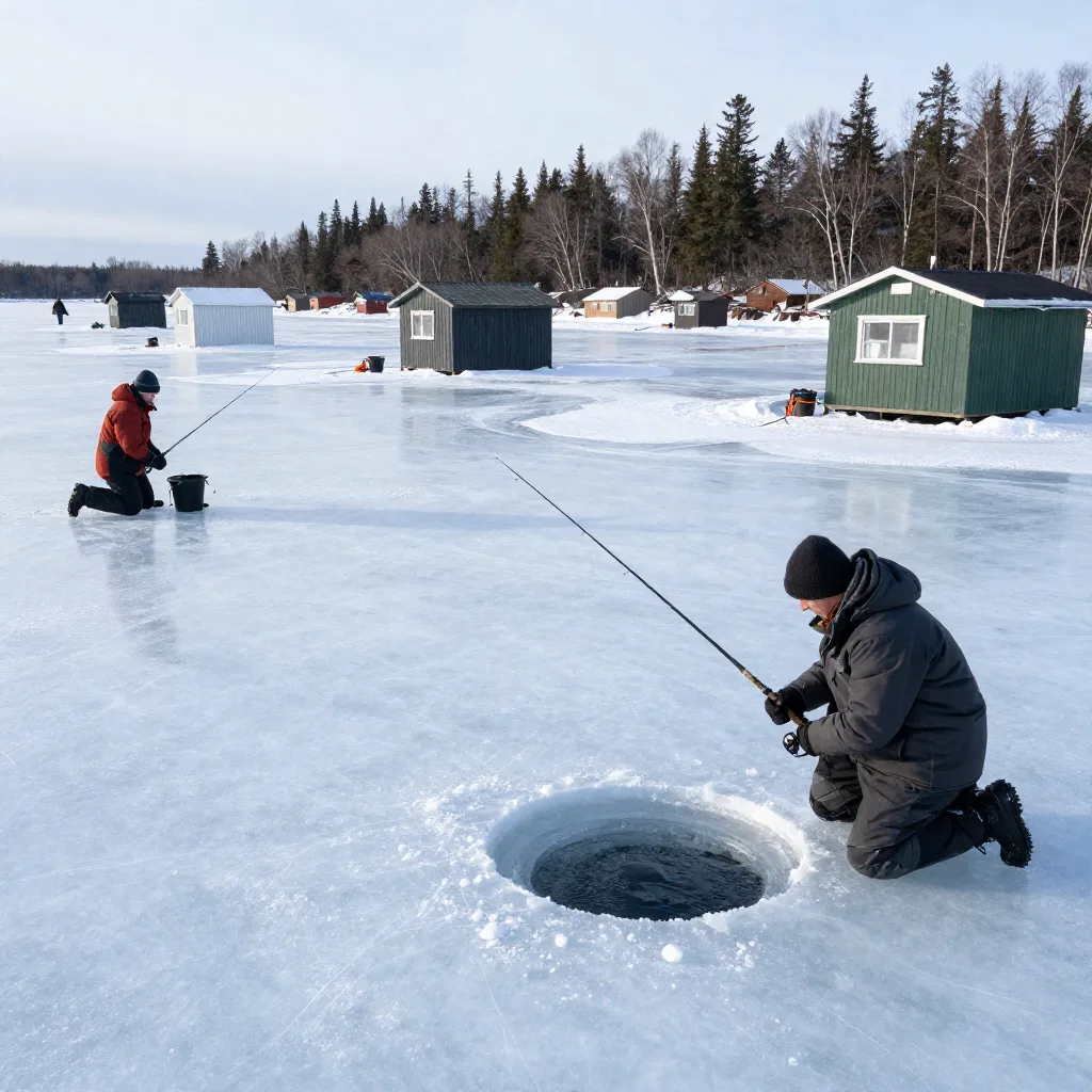 Best ice fishing places USA frozen lakes with anglers and shelters