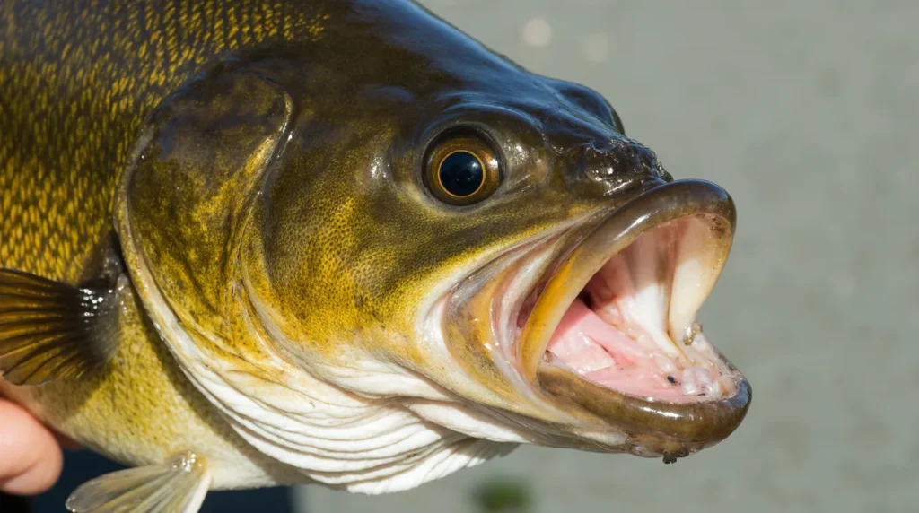 Largemouth bass mouth extending past eye for species identification