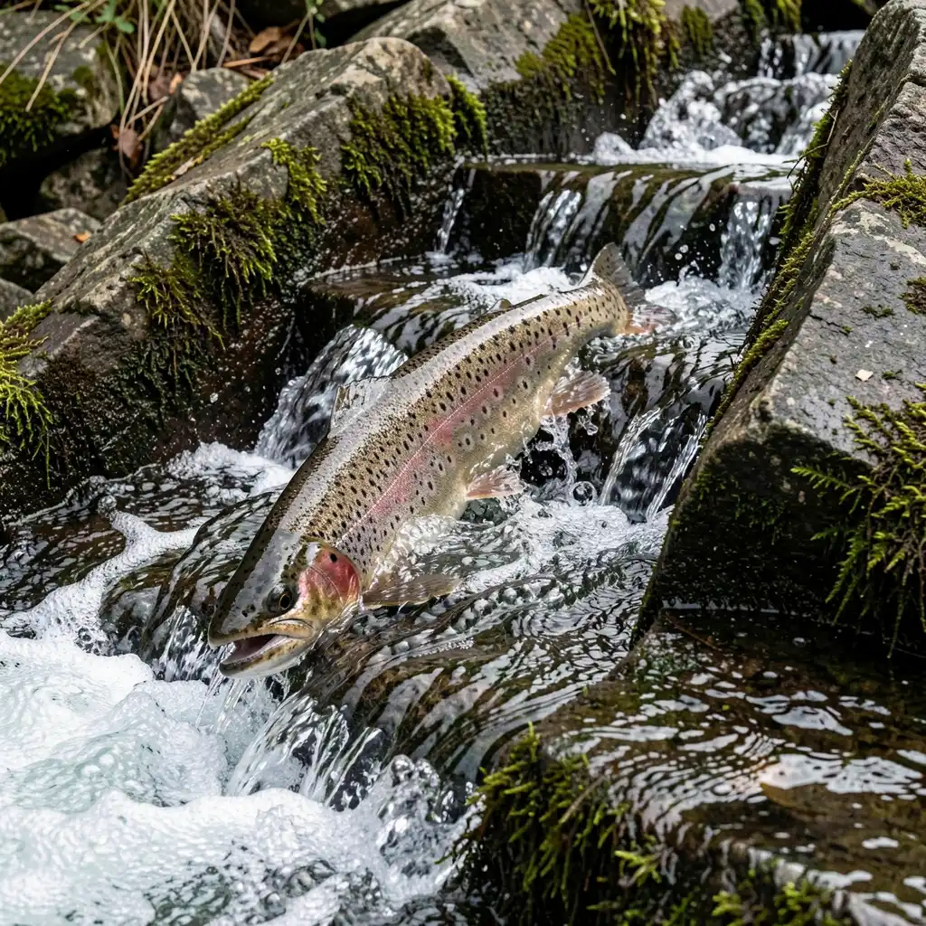 Salmon swimming through vertical slot fish ladder system